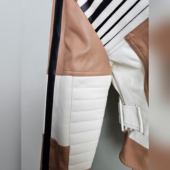 Vegan Leather Striped Color-block Moto Jacket Brown White MEDIUM - Picture 12 of 14